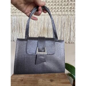 90s Vintage Stuart Weitzman Metallic Silver Fabric Crystal Buckle Evening Bag